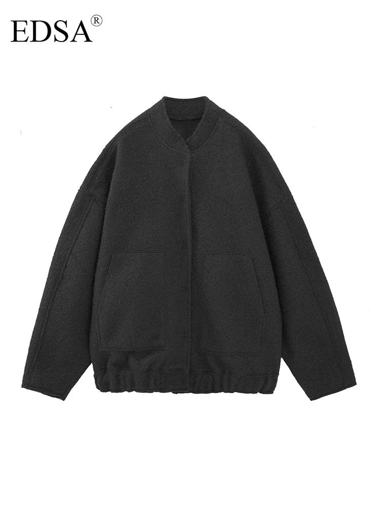 Women's Jackets EDSA Bombers Coat Casual Loose Outwear With Button Long Sleeve Tops Gray Fashion Elegant Pocket Streetwear 230310