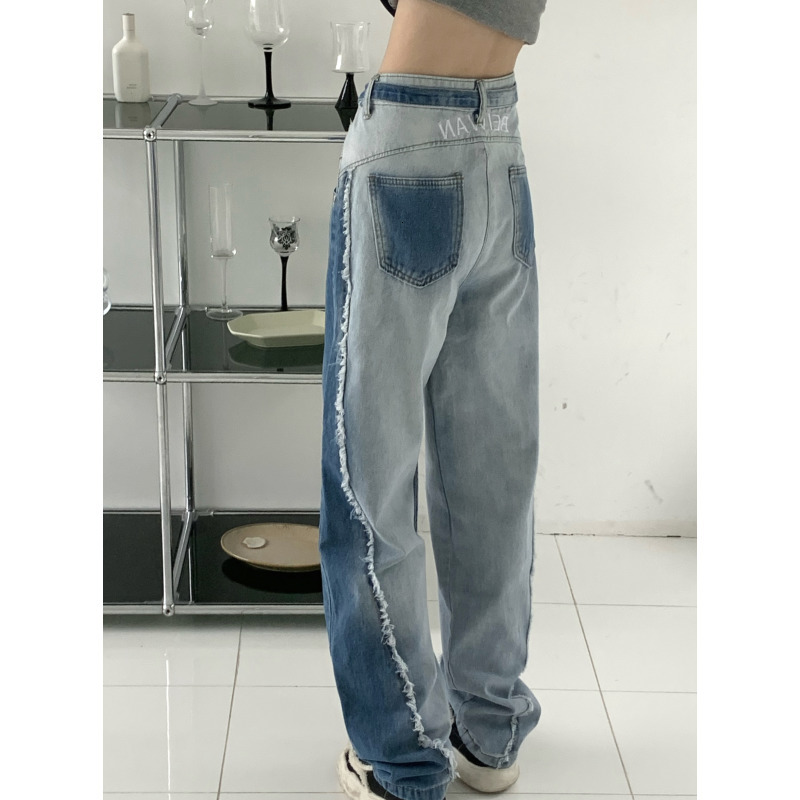 Women's Jeans Blue Women Jeans High Waist Splicing American Fashion Streetwear Style Wide Leg Female Denim Trouser Baggy Straight Denim Pants 230