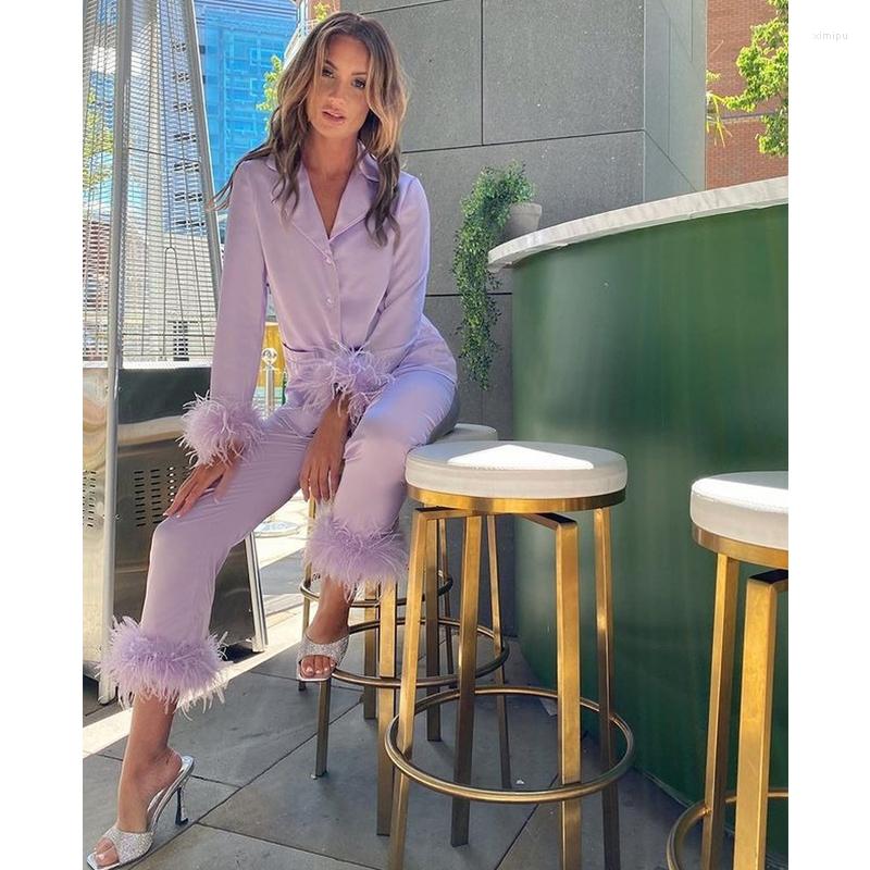Women's Sleepwear QWEEK Satin Pamas with Feathers Designer Clothes Women Summer Two Piece Loungewear Trouser Suits Pijama Sets2024