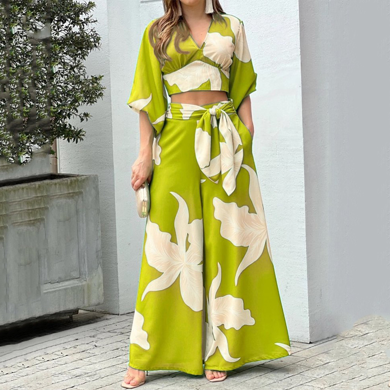 Women's Two Piece Pants Wefad Set Fashion V Neck Long Lantern Sleeve Print Loose Wide Legs With Pockets Sets High Streetwear 230310