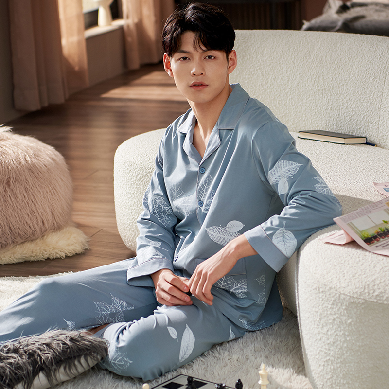 Men's Sleepwear Men Pyjama Set Modal Cotton Spring Long Sleeve Maple Leaf Print Men Pajama Suit Nightwear Lapel Collar Pijama Male Sleepwear 3XL 