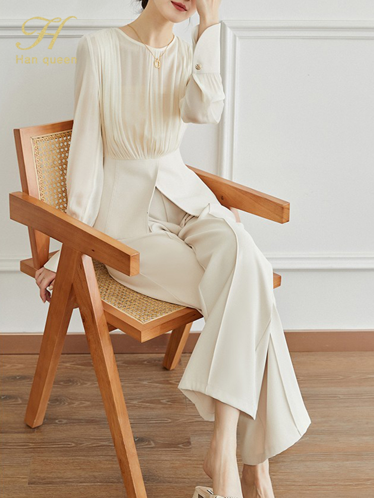 Women's Two Piece Pants H Han Queen Autumn Occupation 2Piece Suit Elegant Long Sleeve Top Simple Wide Leg Korean OL Casual Set 230310
