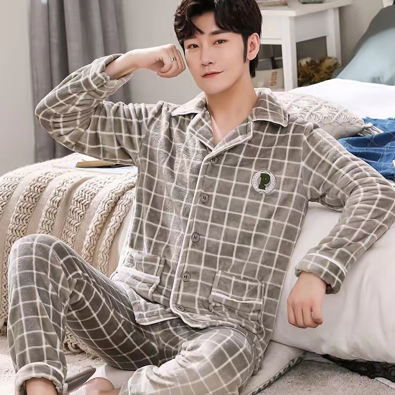 Men's Sleepwear Flannel Pajama Sets For Men Long Sleeve Thick Warm Winter Soft Coral Fleece Male Sleepwear Ladies Home Clothes Pyjamas 230311