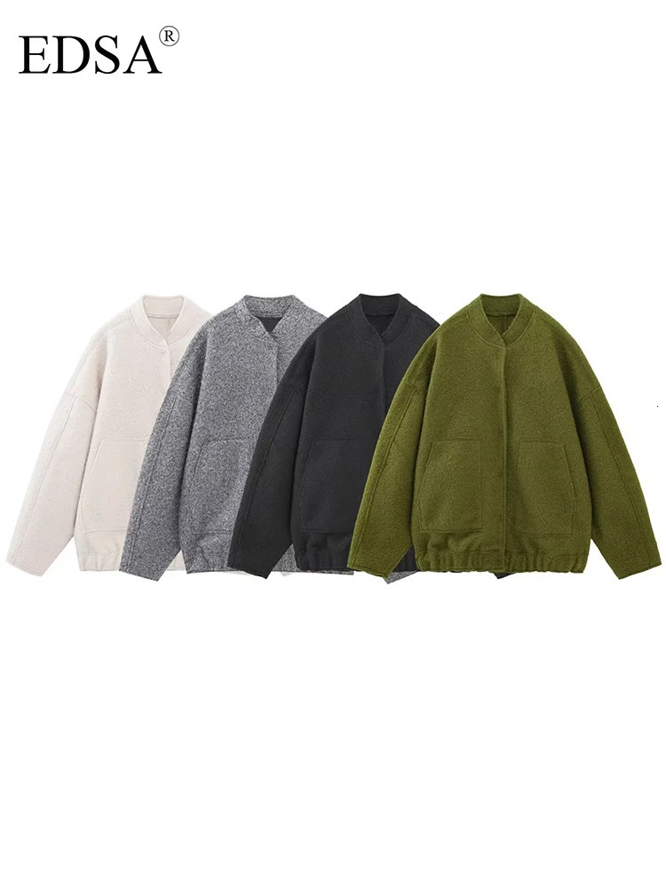 Women's Jackets EDSA Bombers Coat Casual Loose Outwear With Button Long Sleeve Tops Gray Fashion Elegant Pocket Streetwear 230310