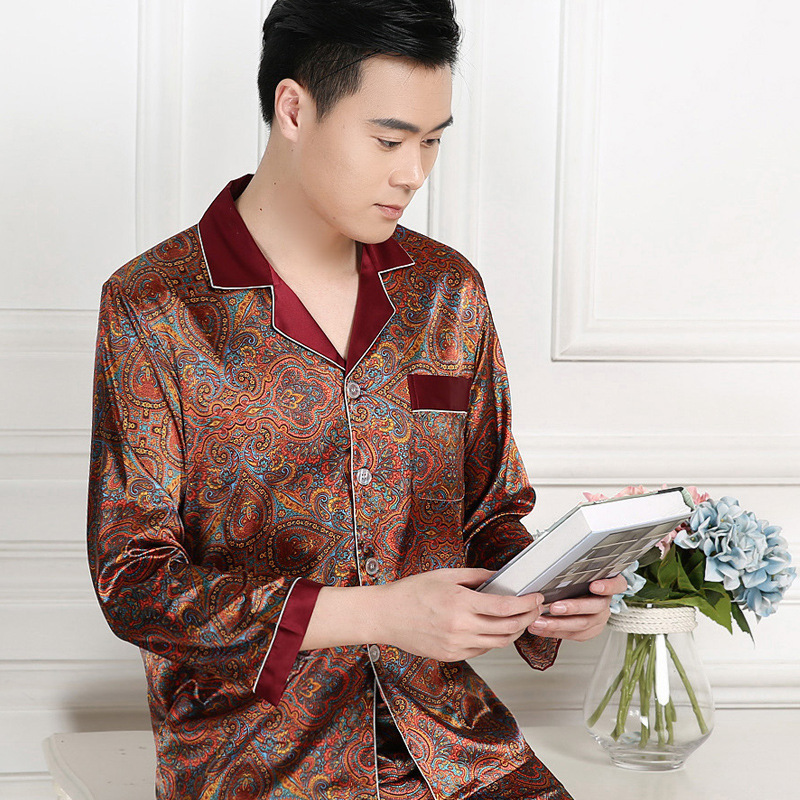 Men's Sleepwear Silk Pijama Unit Men Spring Autumn Pajamas Set Satin Lounge Pants Long Sleeve Shirt Printed Sleepwear Male Night Wear M-XXXL 2303