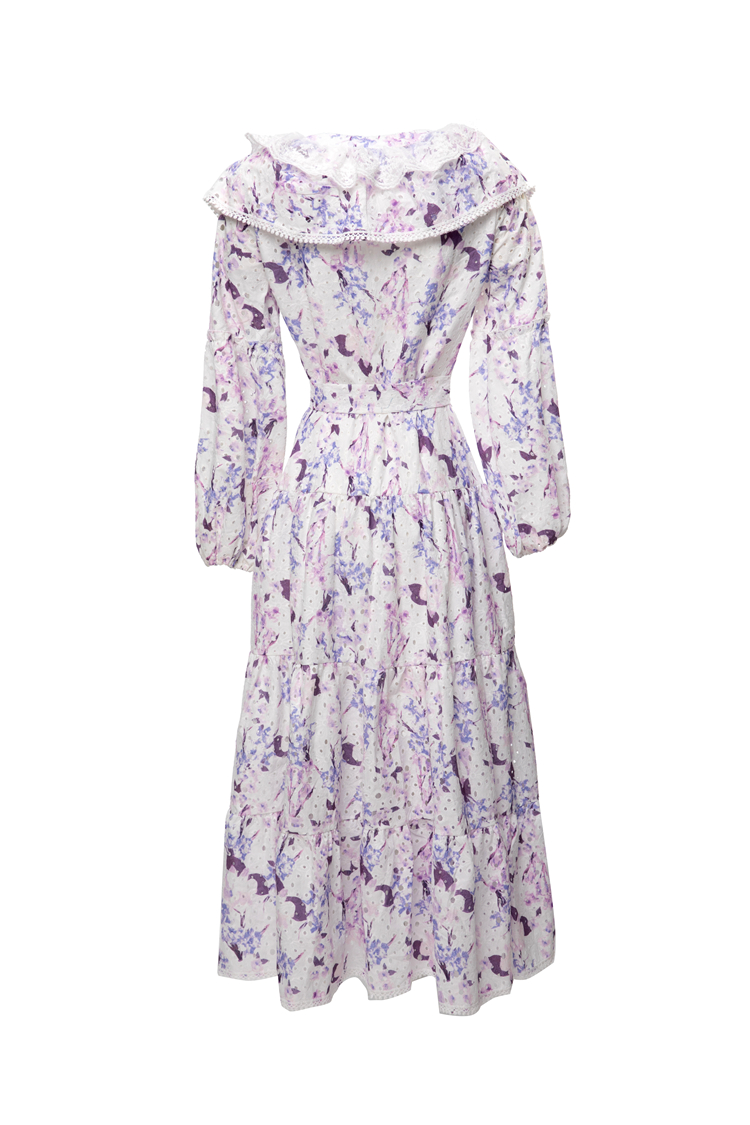Women's Runway Dresses V Neck Lantern Sleeves Floral Printed Lace Up Belt Fashion High Street Vestidos
