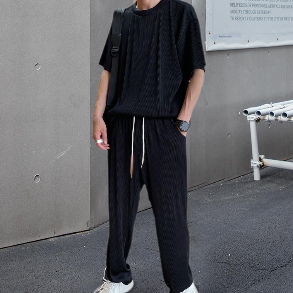 Men's Tracksuits 1 Set Top Pants Ice Silk Trouseres Solid Color Stretchy Washable Outfit Super Soft 230311