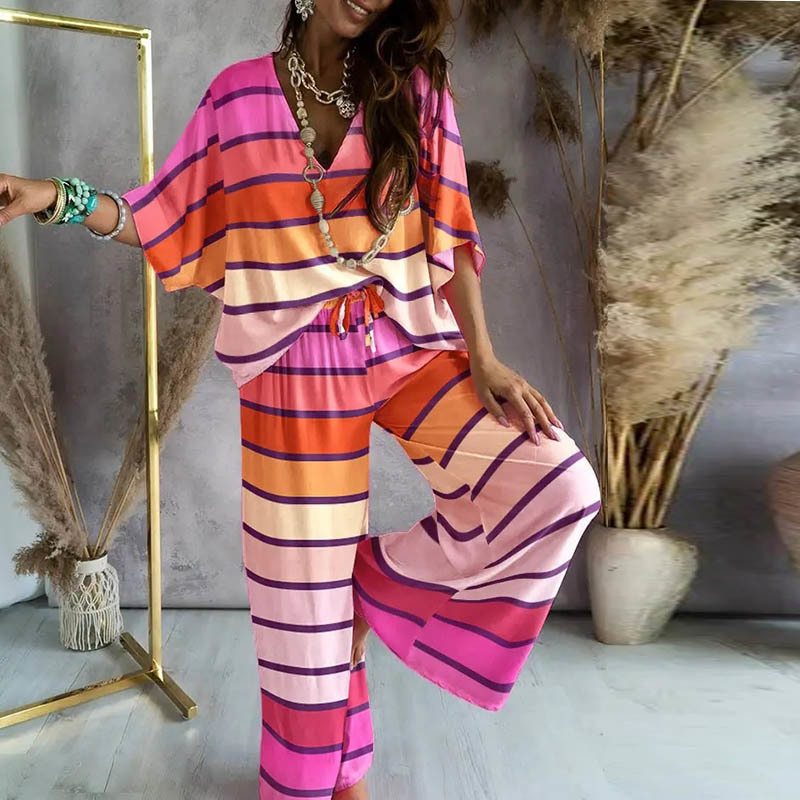 Women's Two Piece Pants Autumn Chain Hollow out Set Casual Batwing Sleeve Top Suits Elegant Summe Leopard Print wide leg pants set 230310