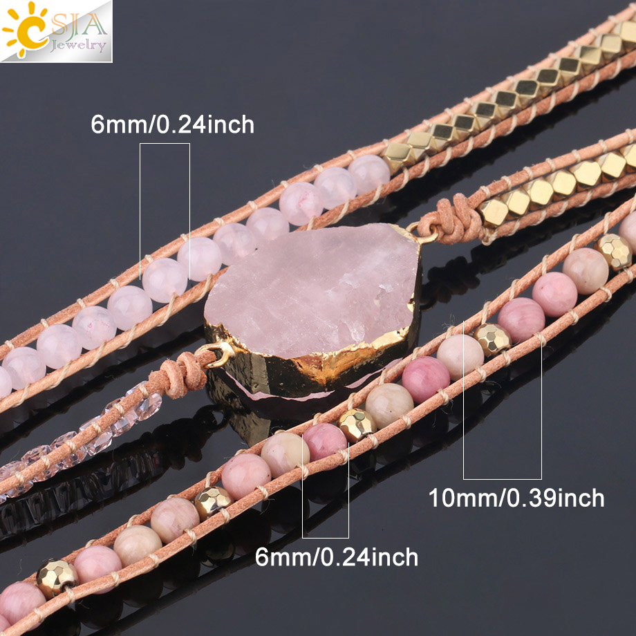 Charm Bracelets CSJA Natural Stone Bracelet Pink Quartz Leather Wrap Bracelets for Women Rose Gems Crystal Beads Bohemia Jewelry 5 Strand S308 230310