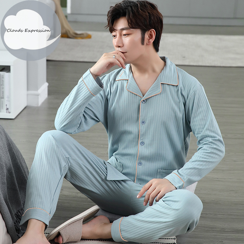 Men's Sleepwear Spring Autumn Knitted Cotton Long Pajama Sets Plaid Sleepwear PJ Pyjamas Men's Sleep Lounge Home Fashion 230317