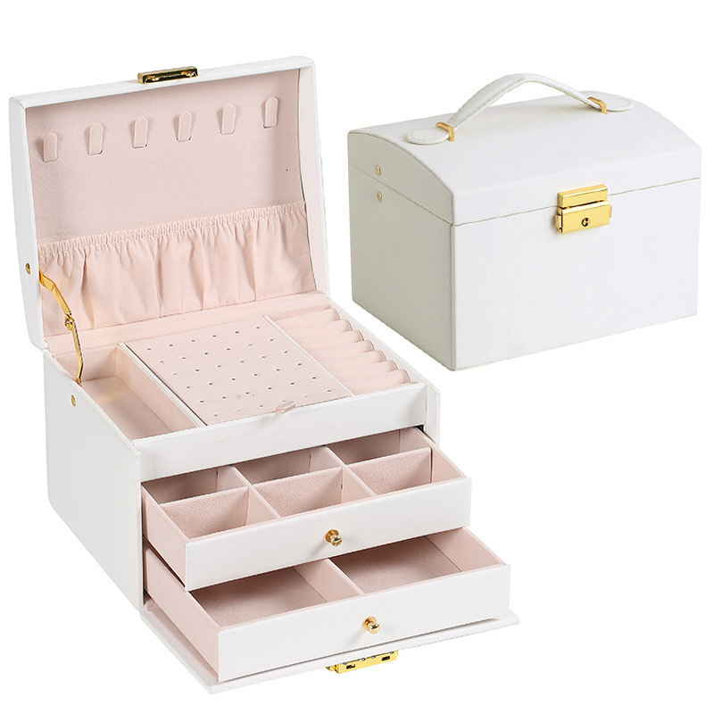 Jewelry Boxes Multifunctional Threelayer Leather Drawerstyle Jewelry Box Earrings Lock Jewelry Box 230310