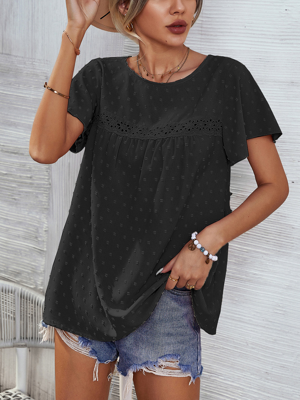 Women Shirts Chiffon Lace Blouse Summer Casual Round Neck Short Sleeve Pom Pom Shirts Top