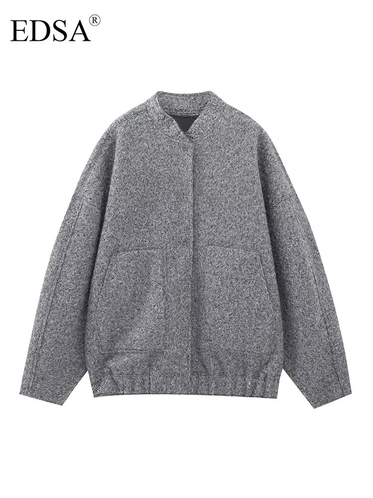 Women's Jackets EDSA Bombers Coat Casual Loose Outwear With Button Long Sleeve Tops Gray Fashion Elegant Pocket Streetwear 230310