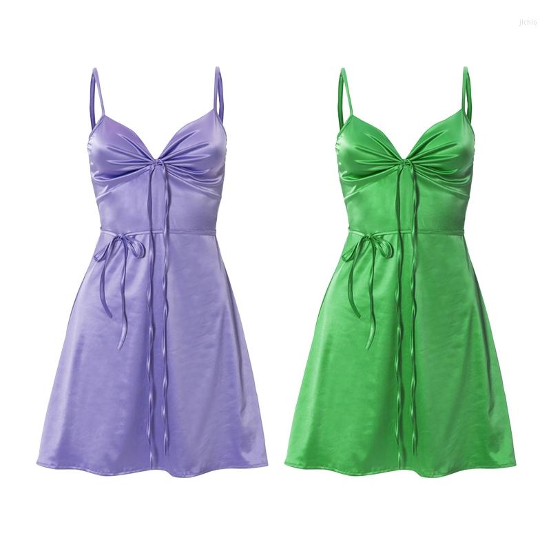 Casual Dresses Women Spaghetti Strap Satin Sexy V-Neck Ruched Bandage A-Line Slim Mini Dress