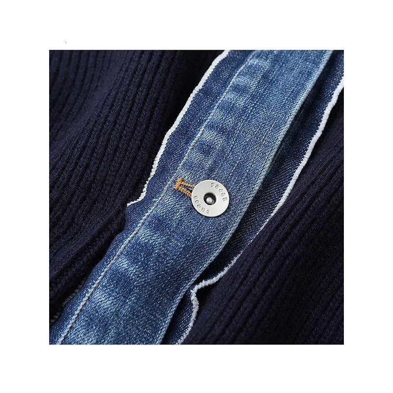 Women's Knits Tees Korean Fashion Sweater Jacket Spring Autumn Denim Patchwork Knitted Cardigan TurnDown Collar Single Breasted Vingtage Knit Coa