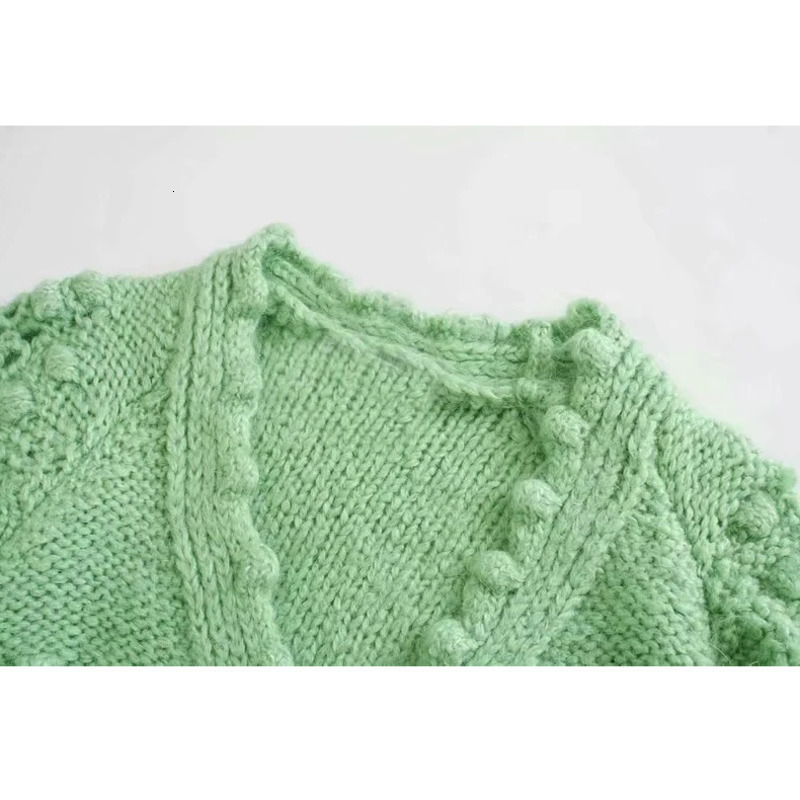 Women's Knits Tee Fashion With Gem Buttons Pompom Detail Knit Cardigan Sweater Vintage Long Sleeve Female Outerwear Chic Tops 230311