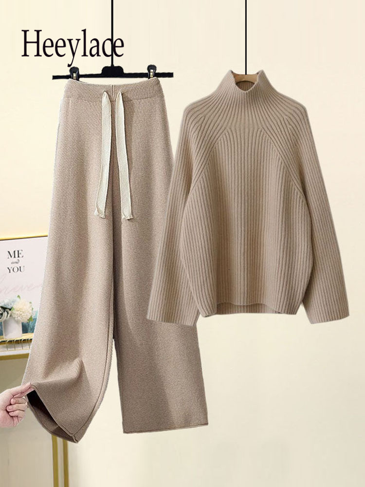 Women's Two Piece Pants Autumn Winter Warm Knitted Suit Women Long Sleeve Half Turtleneck Knitting Sweater And Wide Leg Sets Outer Wear Loose Set