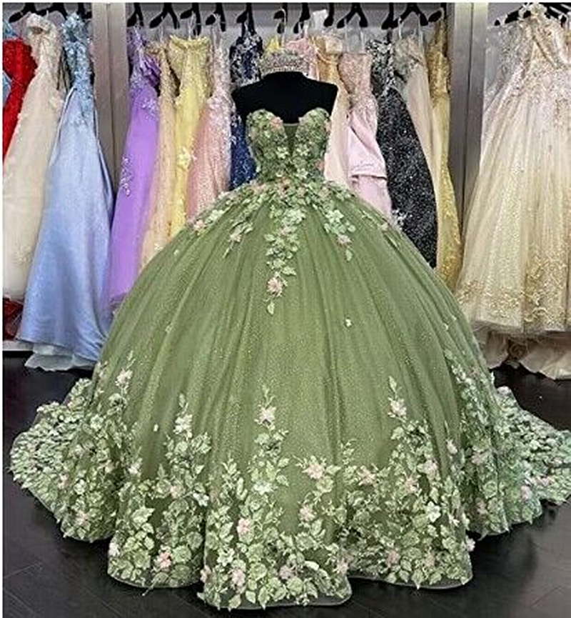 Romantic Floral Quinceanera Dresses Princess Sage Ball Gown Glitter Sequin Lace Sweet 15 Prom Dress Strapless Sleeveless Special Occasion Gowns