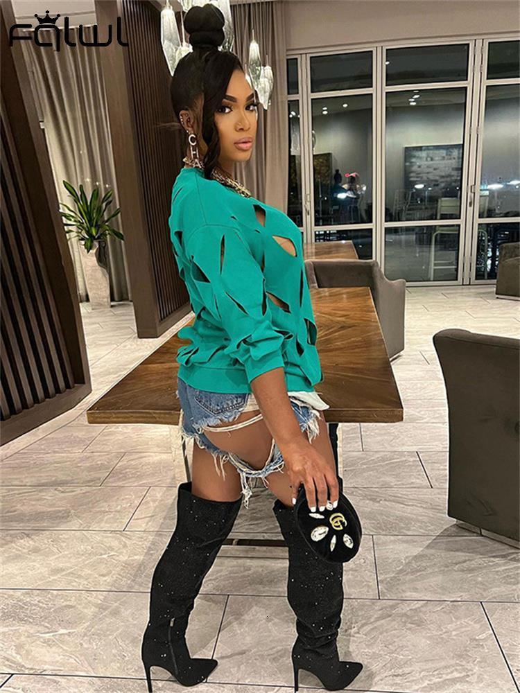 Women's TShirt FQLWL Fall Street Outfits Hollow Out Tops Clothing For Women O Neck Long Sleeve Yellow Top Solid Loose Tee Shirts Female 230310