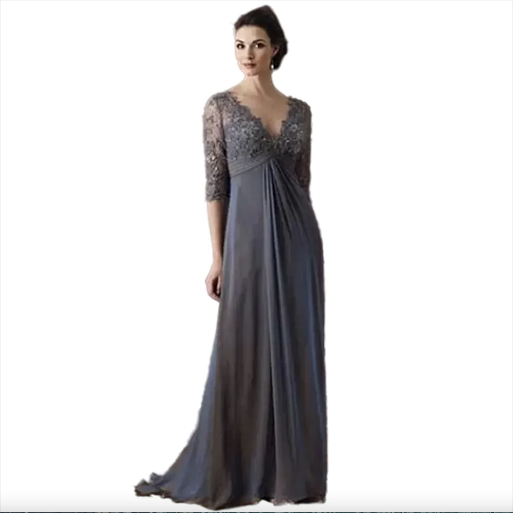 Plus Size Mother Of The Bride Dresses High Waist Appliques Lace Sheer Sleeves A-Line Chiffon Long Prom Evening Wedding Guest Gown