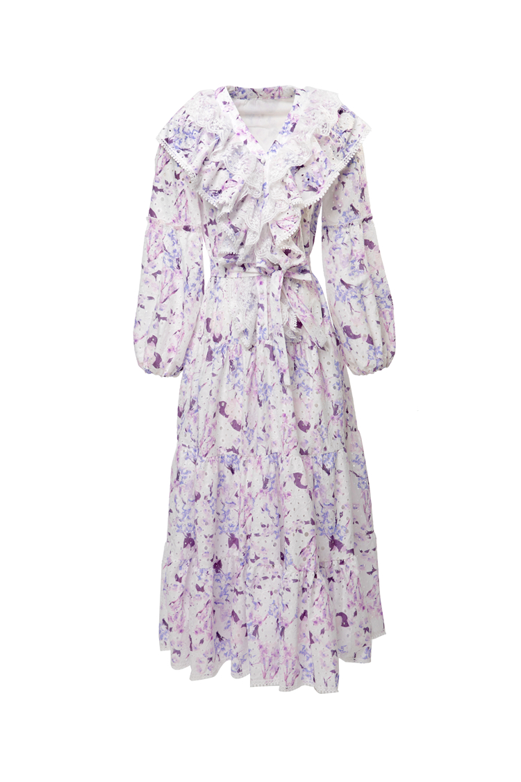 Women's Runway Dresses V Neck Lantern Sleeves Floral Printed Lace Up Belt Fashion High Street Vestidos