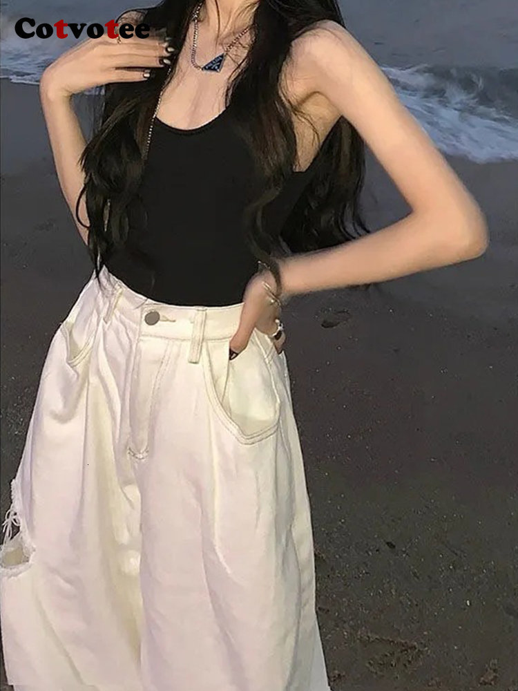 Women's Jeans Cotvotee White Ripped Jeans for Women Fashion High Waisted Jeans Holes Straight Vintage Streetwear Y2k Pants Wide Leg Jeans 230311