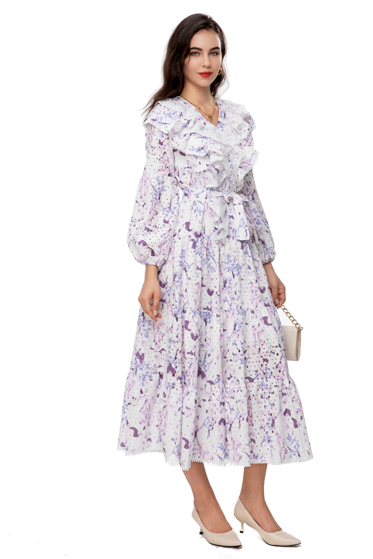 Women's Runway Dresses V Neck Lantern Sleeves Floral Printed Lace Up Belt Fashion High Street Vestidos