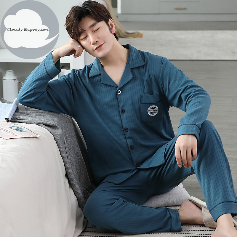Men's Sleepwear Spring Autumn Knitted Cotton Long Pajama Sets Plaid Sleepwear PJ Pyjamas Men's Sleep Lounge Home Fashion 230317