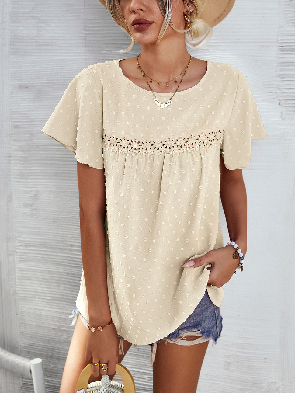 Women Shirts Chiffon Lace Blouse Summer Casual Round Neck Short Sleeve Pom Pom Shirts Top
