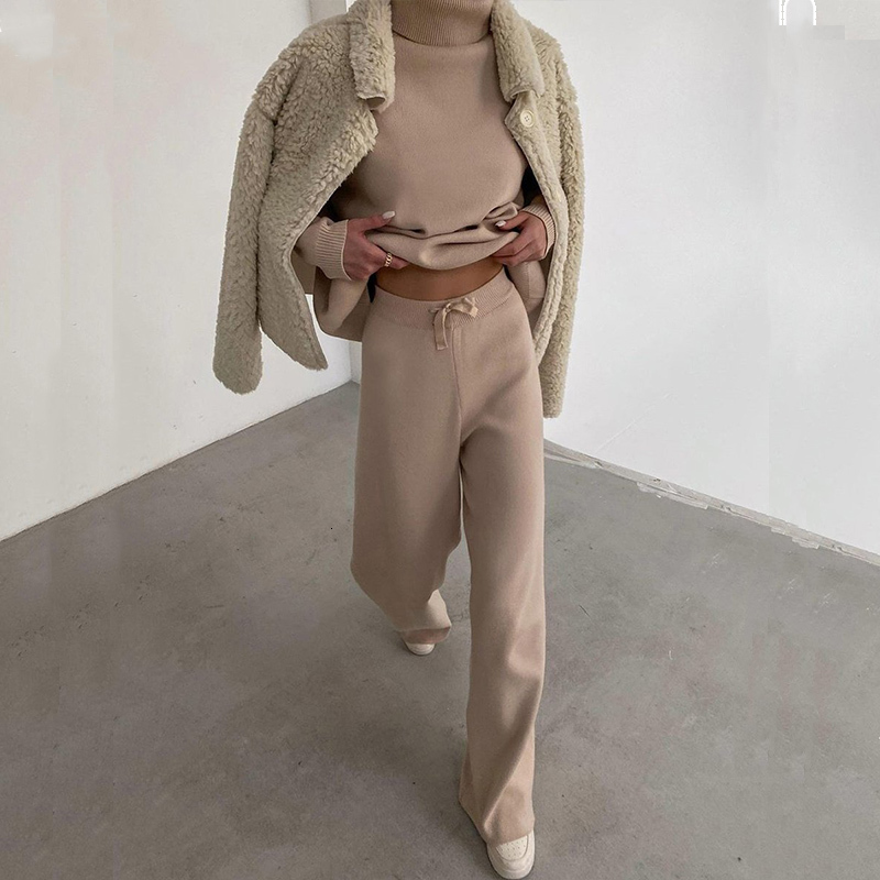 Women's Two Piece Pants Elegant Fashion Fleece Outfit Women Autumn Winter Turtleneck Tops And Wide Leg Suits Casual Solid Set Femme 230310