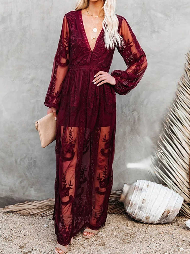 Casual Dresses Summer Lace Long Dress Women Bohemian Embroidered Maxi Dress Female V Neck Hollow Out Long White Casual Holiday Dress G230311
