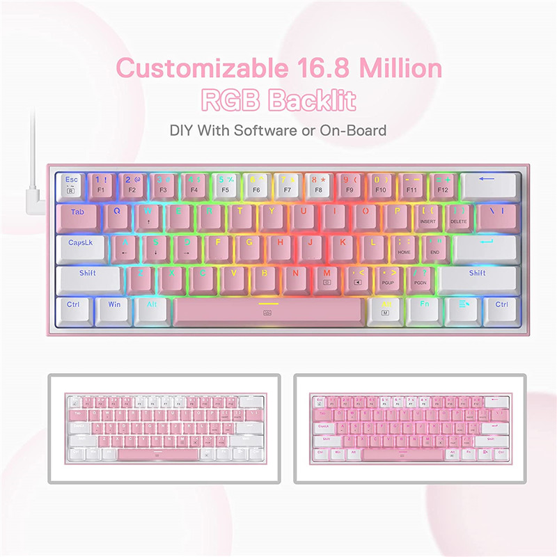 n Fizz K617 Wired RGB Mechanical Gaming Keyboard 61 Keys White Pink Color Linear Red Switch Software Supported