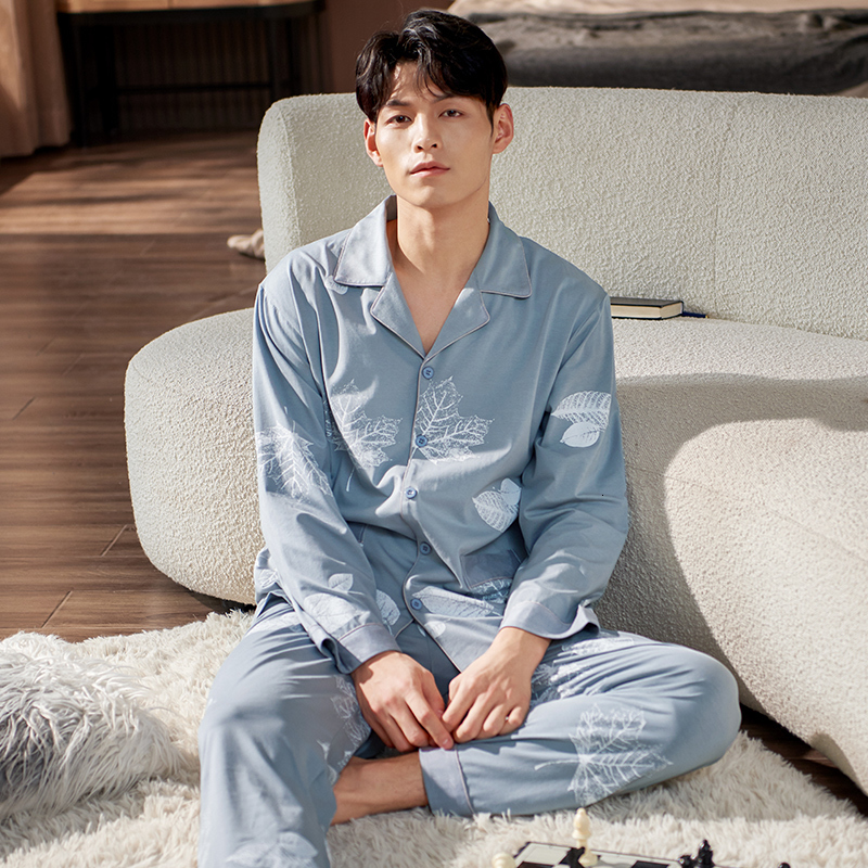 Men's Sleepwear Men Pyjama Set Modal Cotton Spring Long Sleeve Maple Leaf Print Men Pajama Suit Nightwear Lapel Collar Pijama Male Sleepwear 3XL 
