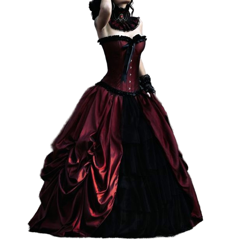Victorian Gothic Wedding Dress Ruched Tiered Floor Length Vintage Bride Wear Sweetheart Sleeveless Long Burgundy And Black Taffeta Retro Medieval Brid