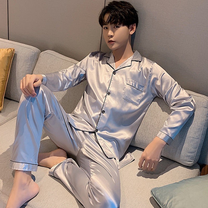 Men's Sleepwear Men's Satin Nightwear Set Navy 2PCS Shirts and Trousers Nightwear Set Long Sleeve Couple Nightwear Pjamas Plus Size 3XL 4XL 