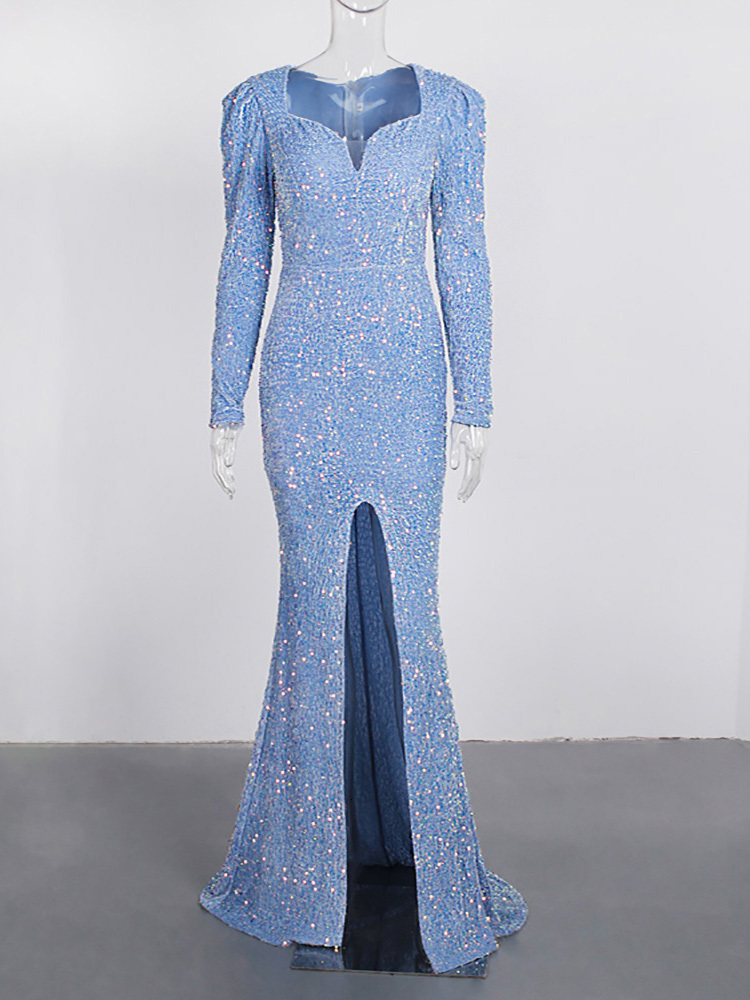 Party Dresses Romantic Sky Blue Long Sleeve Mermaid Wedding Gown Shiny Sequin Stretchy Velvet Slit Leg Evening Maxi Prom 230310
