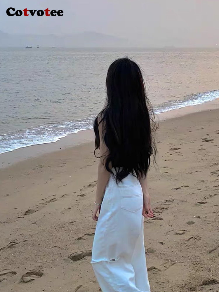 Women's Jeans Cotvotee White Ripped Jeans for Women Fashion High Waisted Jeans Holes Straight Vintage Streetwear Y2k Pants Wide Leg Jeans 230311