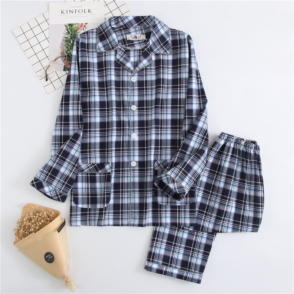 Men's Sleepwear Men's Plaid Pajamas Cotton Flannel Warm Fabric Sleepwear Clothes for Spring and Autumn Woven Cotton Plaid Mens Sleepwear Pij