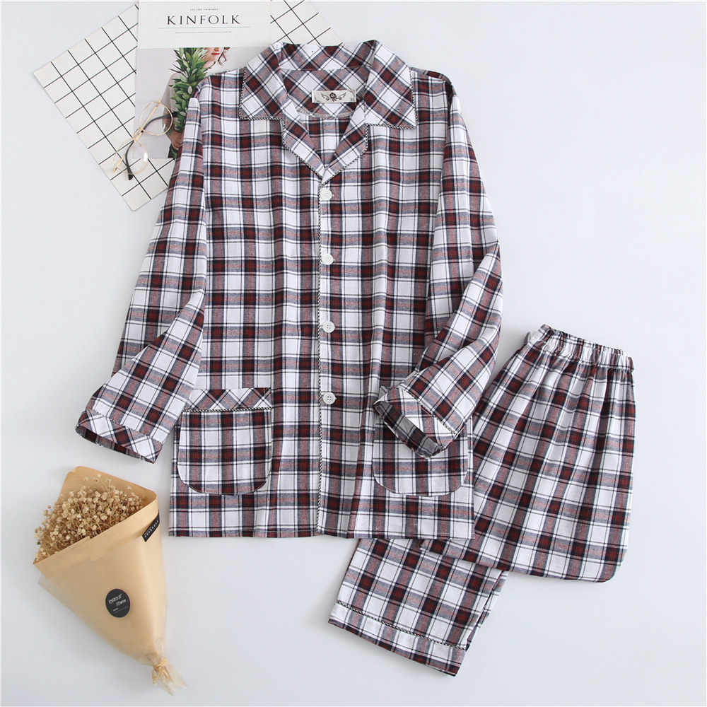 Men's Sleepwear Men's Plaid Pajamas Cotton Flannel Warm Fabric Sleepwear Clothes for Spring and Autumn Woven Cotton Plaid Mens Sleepwear Pij