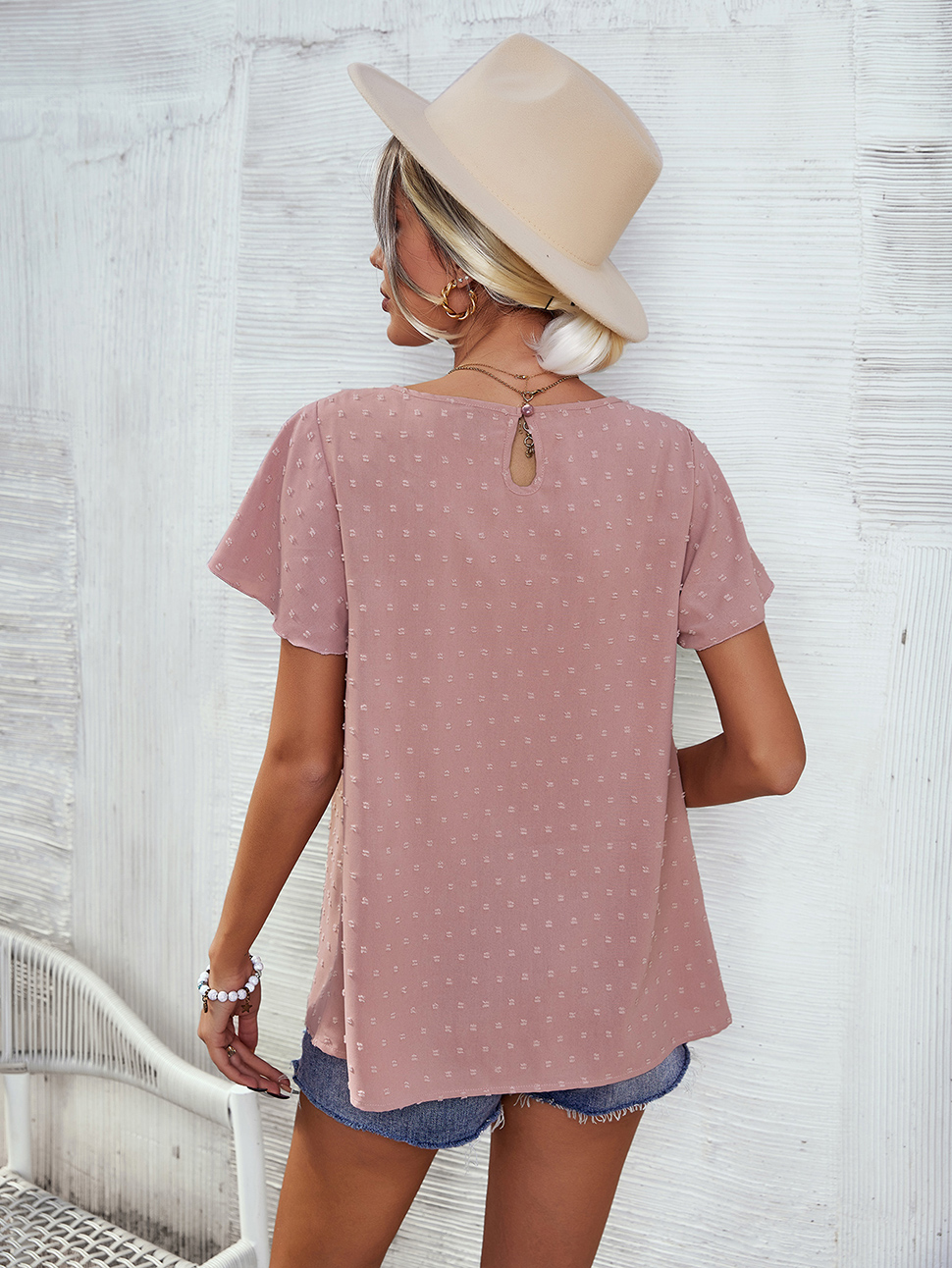 Women Shirts Chiffon Lace Blouse Summer Casual Round Neck Short Sleeve Pom Pom Shirts Top