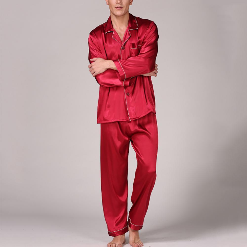 Men's Sleepwear Men Summer Silk Pajama Set Shirt Pants Home Gown Sleepwear Nightwear 230317