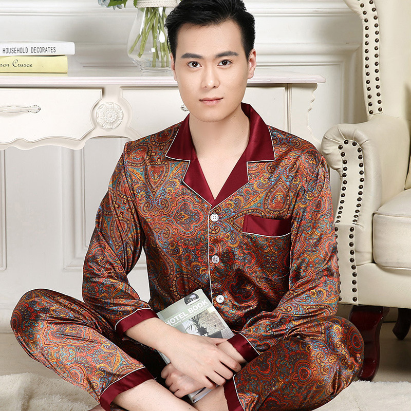 Men's Sleepwear Silk Pijama Unit Men Spring Autumn Pajamas Set Satin Lounge Pants Long Sleeve Shirt Printed Sleepwear Male Night Wear M-XXXL 2303