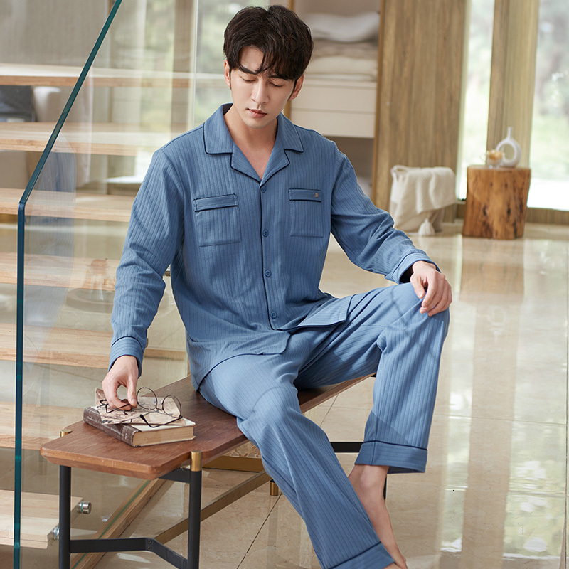 Men's Sleepwear Autumn Pajama Set Male Full Cotton Sleepwear Solid Home Clothing Long Sleeves Spring Cardigan Leisure Pyjamas Suit 3XL 230317