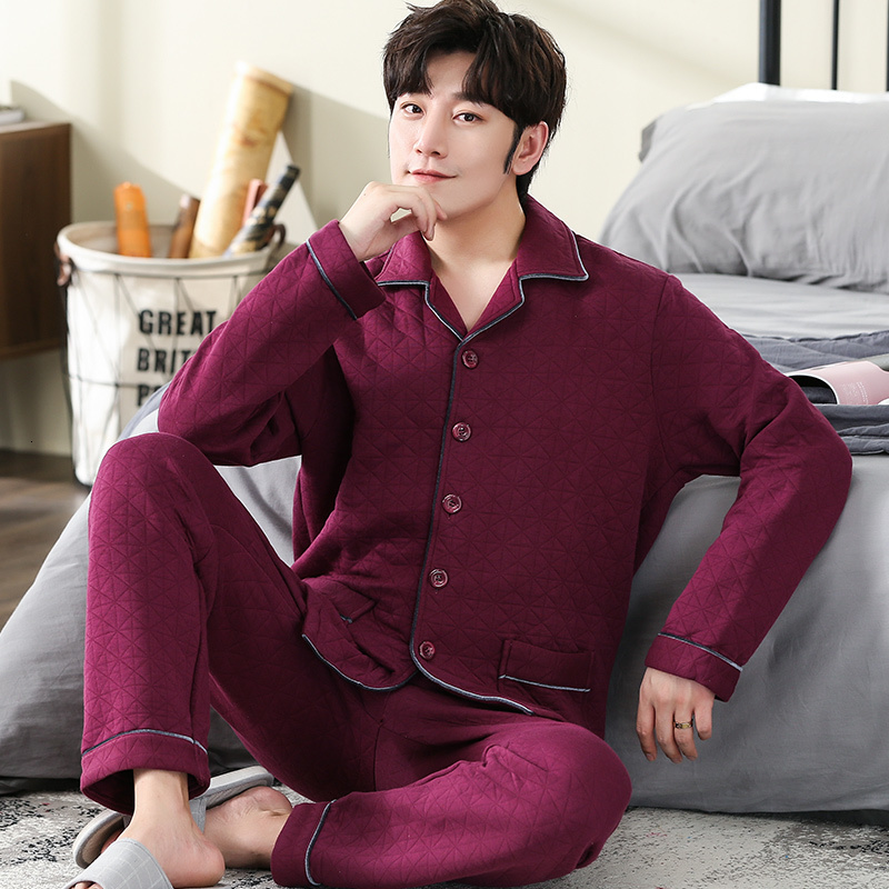 Men's Sleepwear Winter Keep Warm Thin Quilted Pajama Sets for Men Long Sleeve Air Cotton Interlayer Sleepwear Loungewear Homewear Home Clothes 23