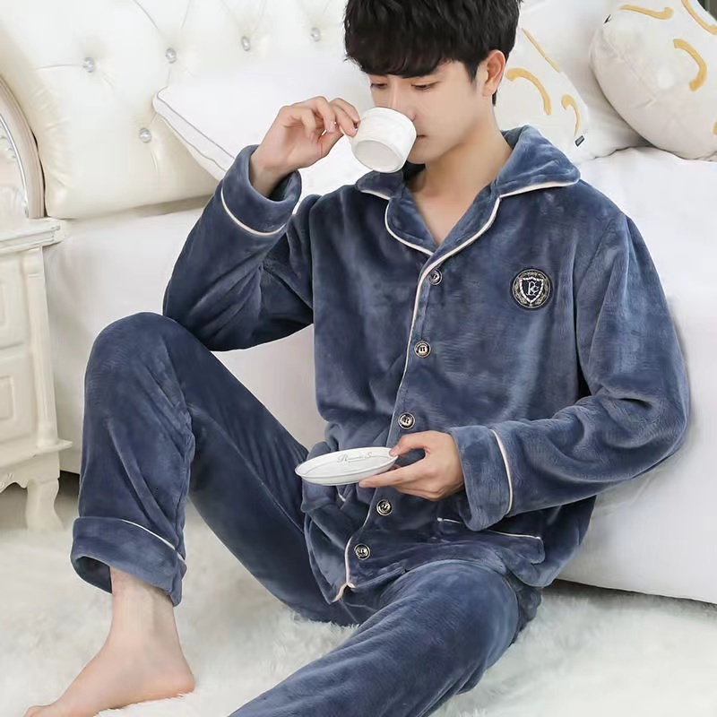 Men's Sleepwear Flannel Pajama Sets For Men Long Sleeve Thick Warm Winter Soft Coral Fleece Male Sleepwear Ladies Home Clothes Pyjamas 230311