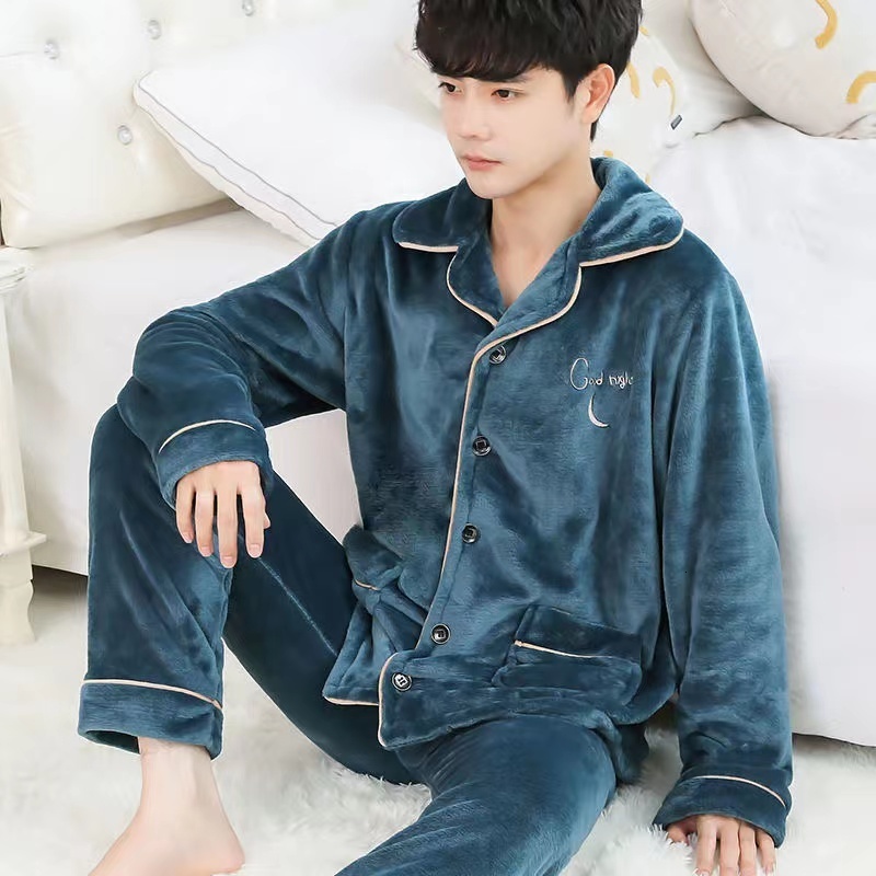 Men's Sleepwear Flannel Pajama Sets For Men Long Sleeve Thick Warm Winter Soft Coral Fleece Male Sleepwear Ladies Home Clothes Pyjamas 230311