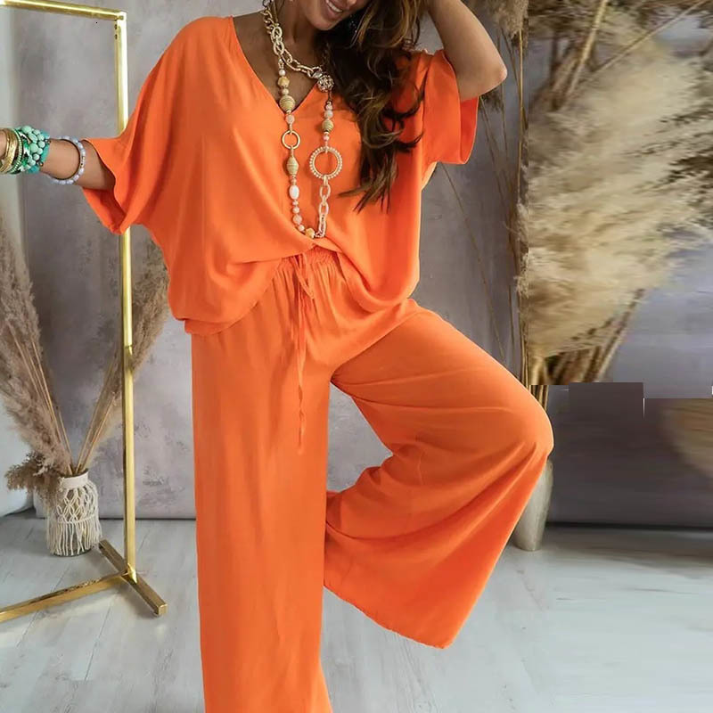 Women's Two Piece Pants Autumn Chain Hollow out Set Casual Batwing Sleeve Top Suits Elegant Summe Leopard Print wide leg pants set 230310