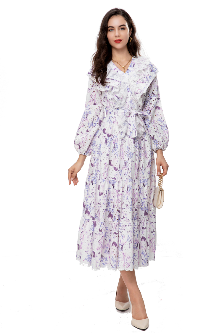 Women's Runway Dresses V Neck Lantern Sleeves Floral Printed Lace Up Belt Fashion High Street Vestidos