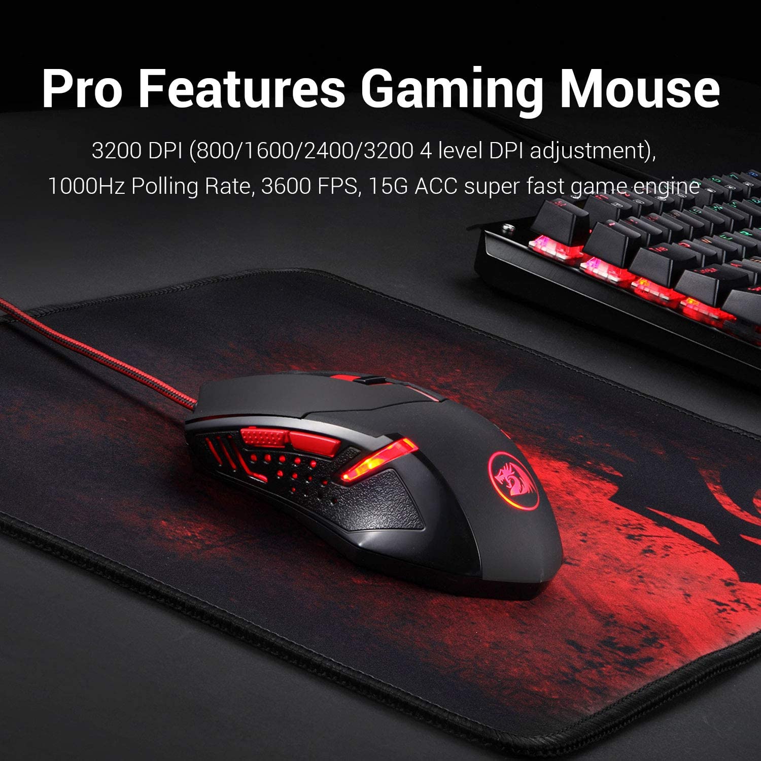 n M601-BA Gaming Mouse and Mouse Pad Combo Wired MMO 6 Button Mouse 3200 DPI Red LED Backlit for Windows PC Gamer