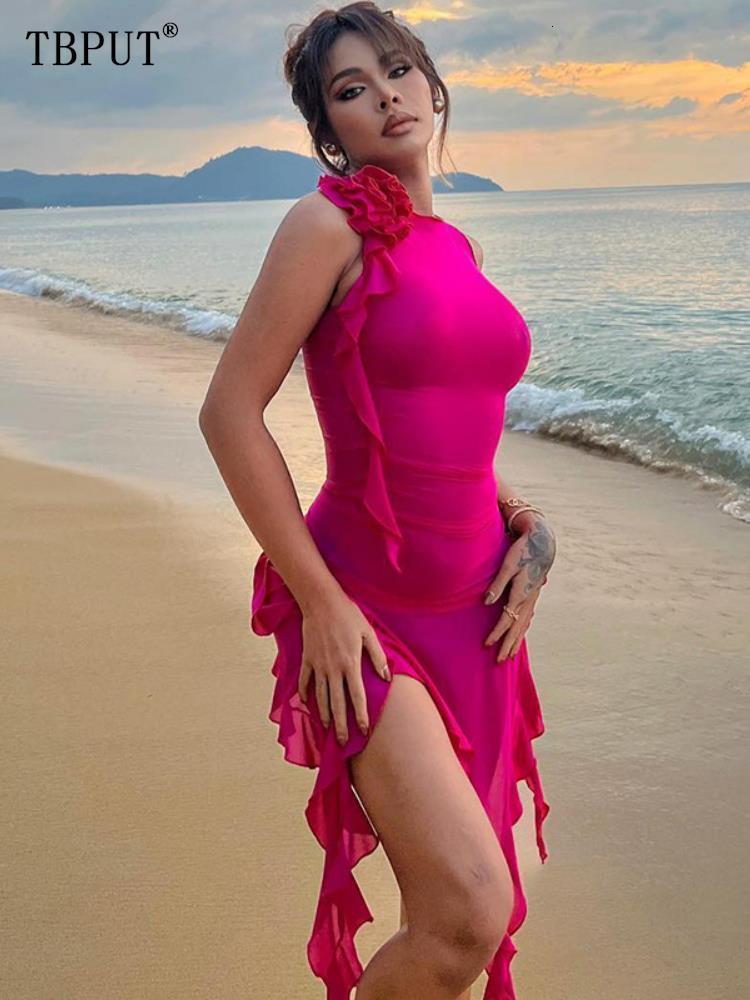 Casual Dresses Sexy Ruffles Fairy Dres Fashion Mesh See Through Mini Bodycon Dress 2023 Summer Irregular Beach Party Club Outfits 230310